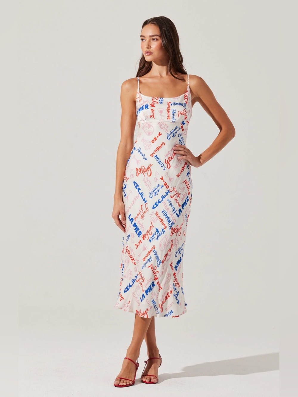 Astr French🇫🇷Poetry🖋️Midi Slip Dress in White, Blue & Red - Sz L NWT - Picture 2 of 10